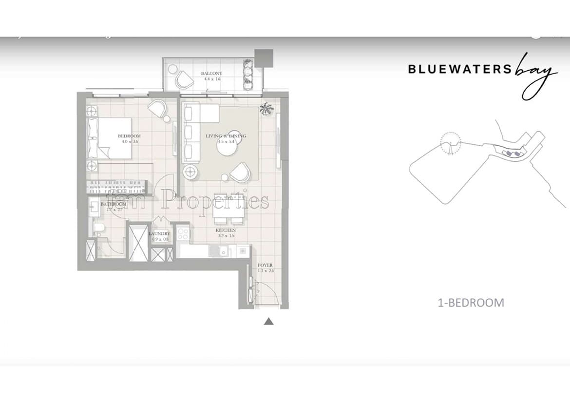 Bluewaters Bay 1 Bedroom (approx. 978 sq. ft.) Layout 1