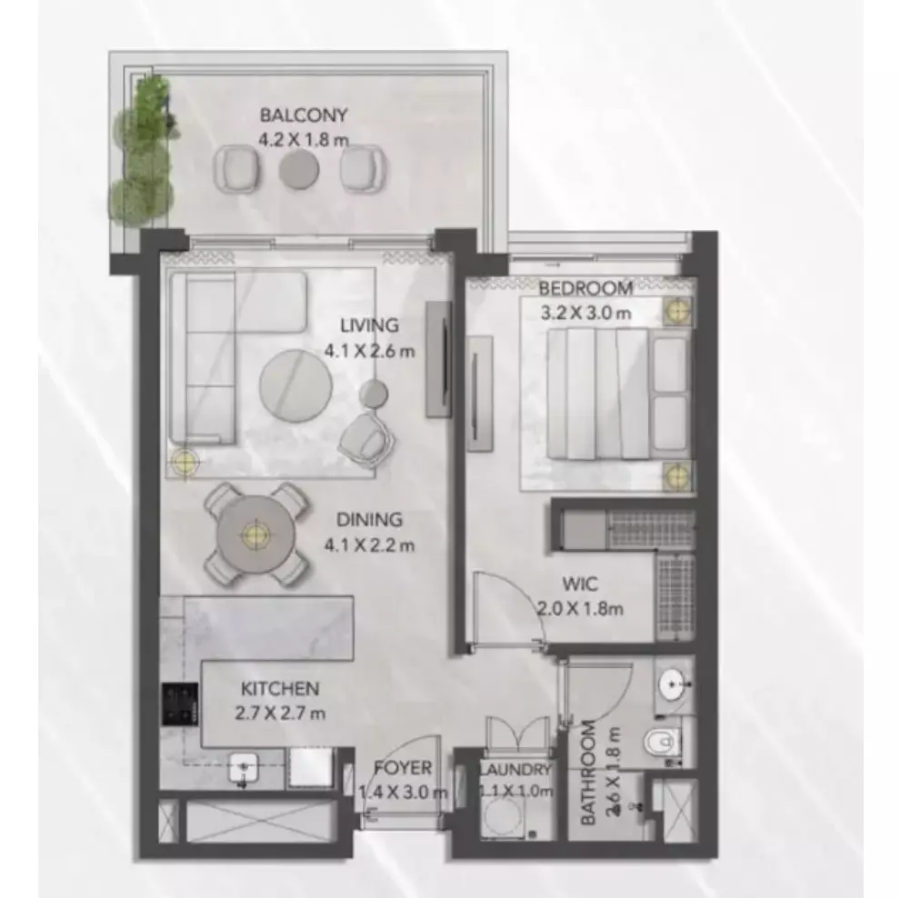 Ghaf Woods 1 Bedroom Apartment (approx. 1,052 sq. ft.) Layout 1